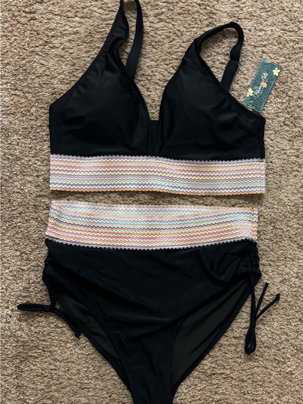 Black Two-Piece Bikini with Multicolor Chevron Band